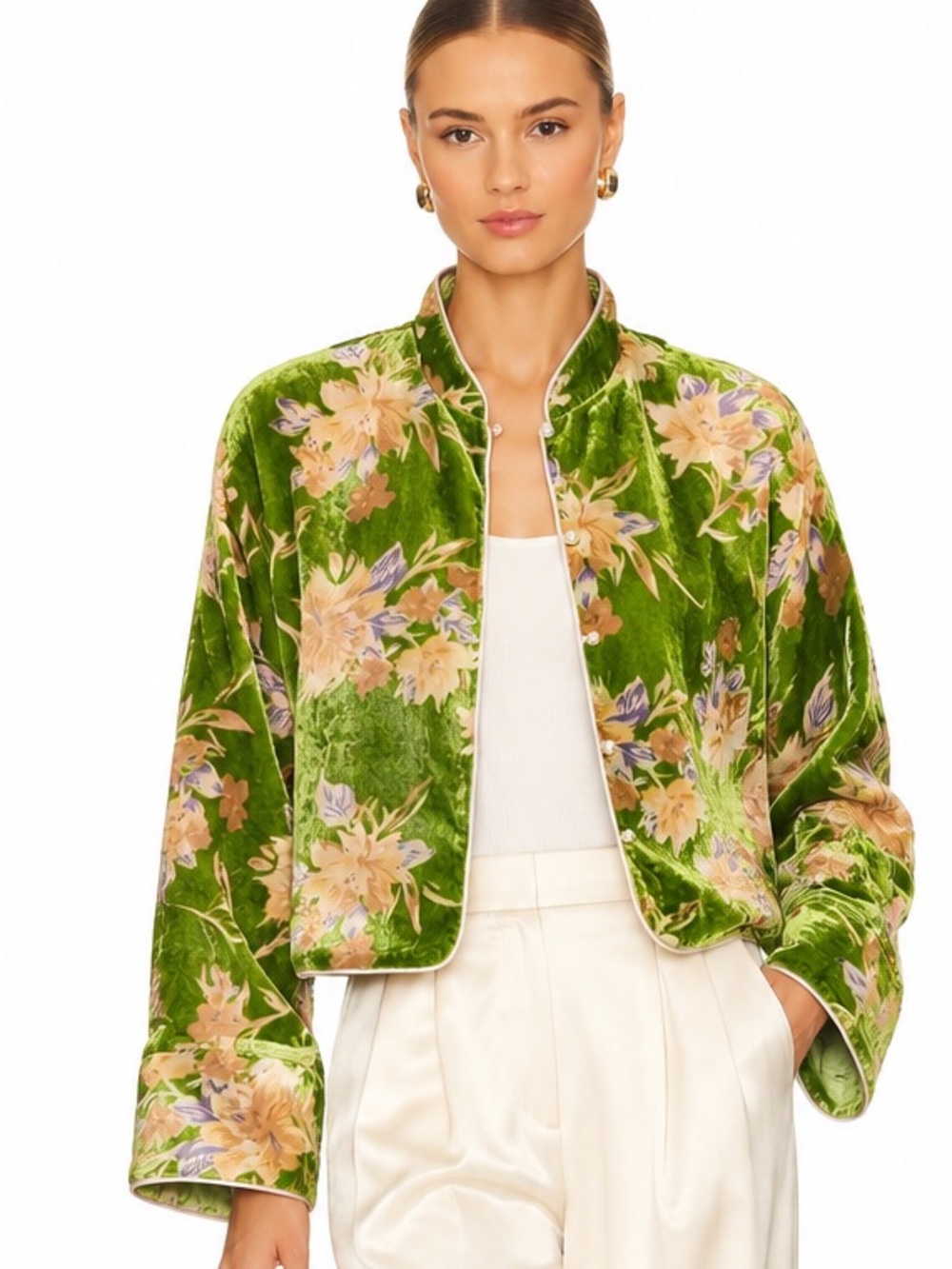 Vintage Inspired Green Floral Velvet Mandarin Collar Cropped Jacket Pearl Button